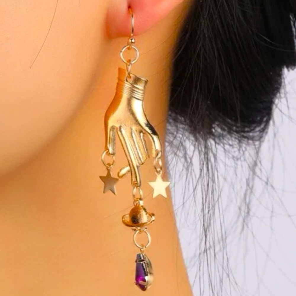 Gold Hand and Star Dangle Earrings